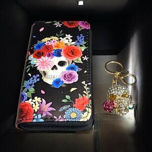 Floral Skull Wallet with Keychain Bundle